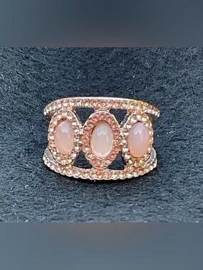 Blush Pink Cabochon Oval Halo Ring Rose Gold Tone Triple Stone Statement Chic